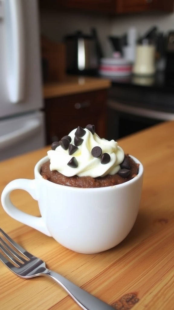 A mug of chocolate cake topped with whipped cream and chocolate chips on a wooden table.